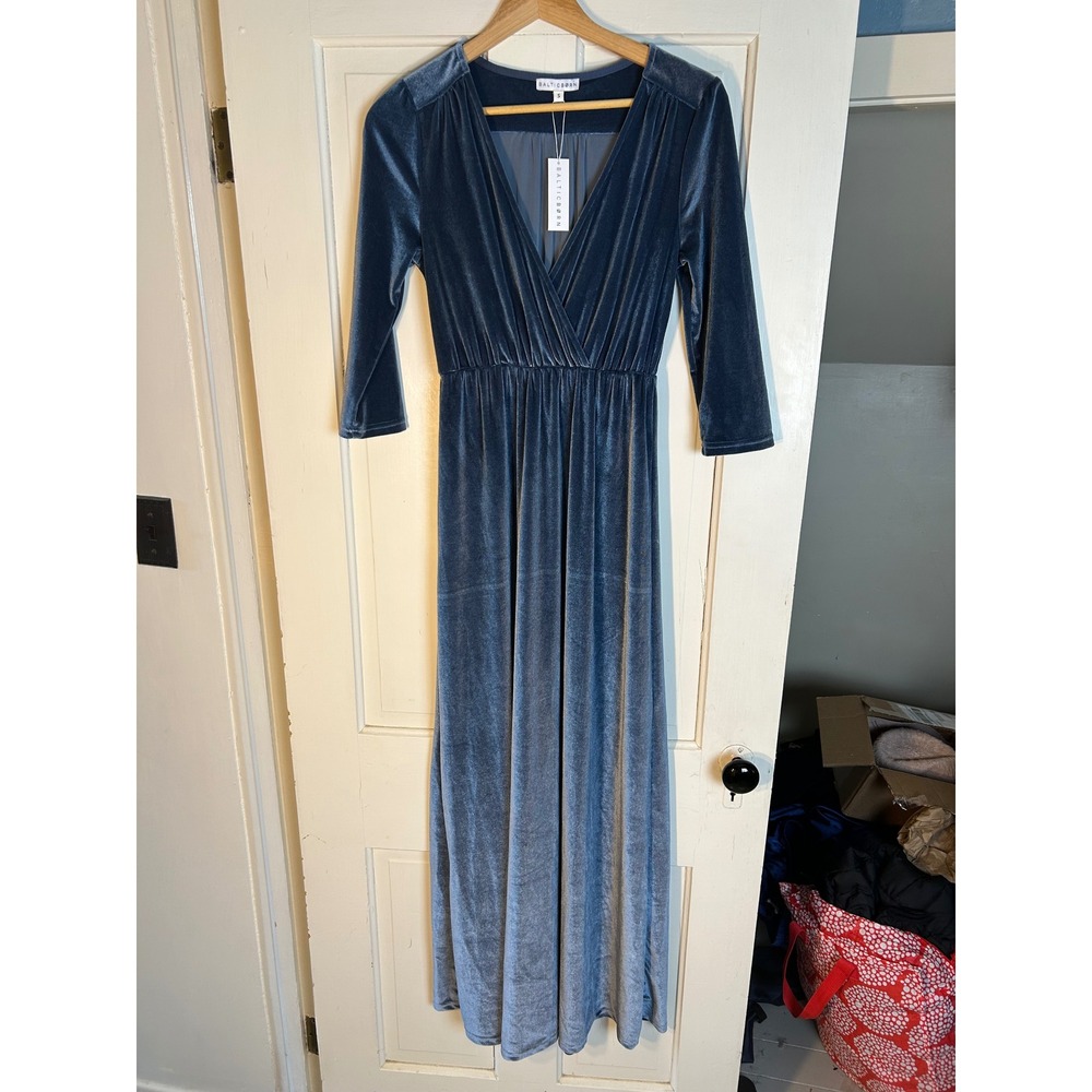 Baltic Born Sofia Velvet Maxi Dress Dusty Blue 3/4 Sleeve V-Neck Size S NWT - Picture 4 of 5